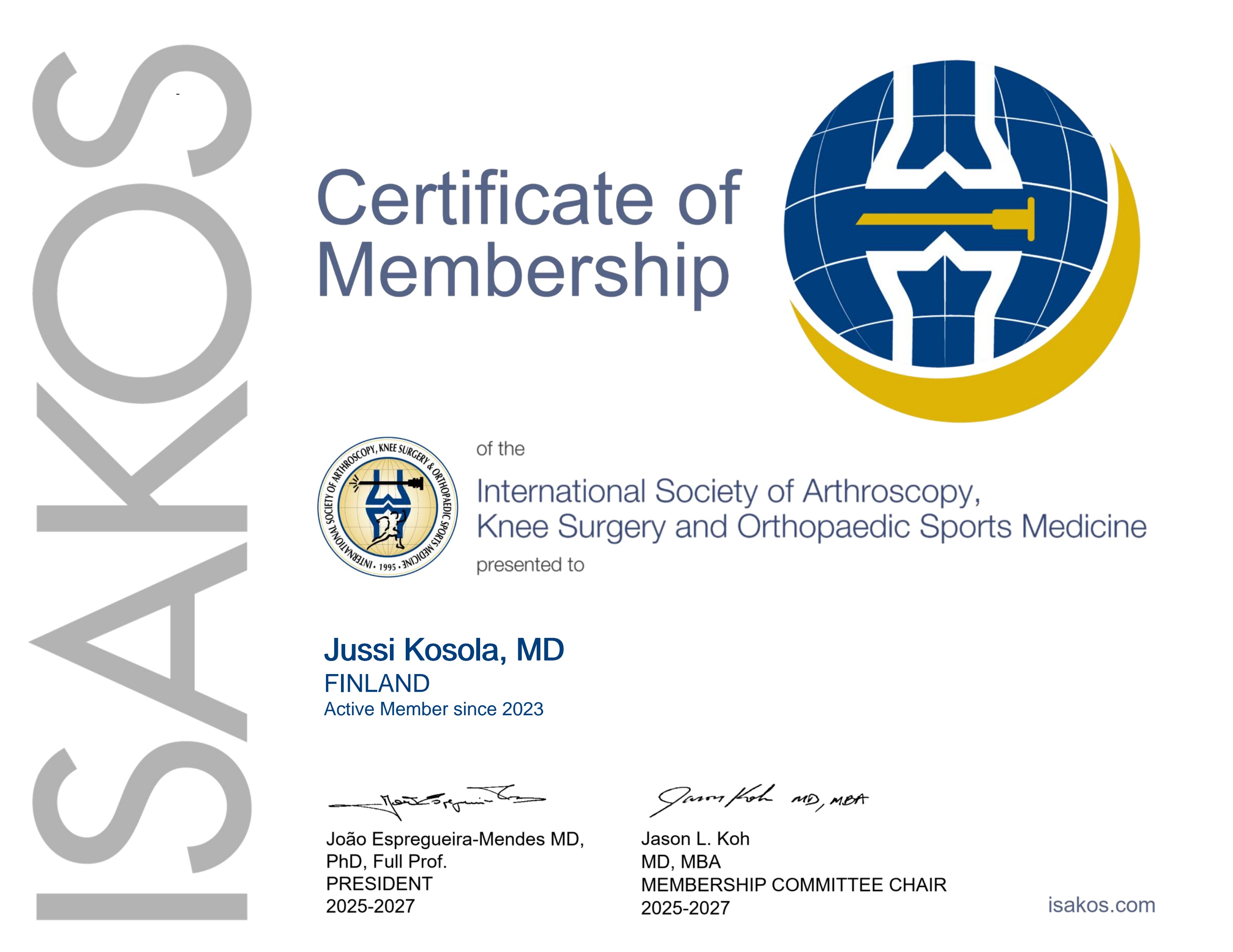 ISAKOS Certificate of Membership — Jussi Kosola, Active Member since 2023
